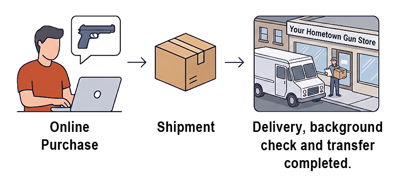 How a transfer works: online purchase, shipment, then delivery, background check, and transfer at your hometown gun store